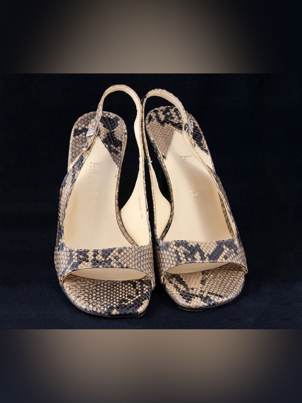 Lauren Ralph Lauren Snake-Print Slingback Peep-Toe Heels in Beige and Black